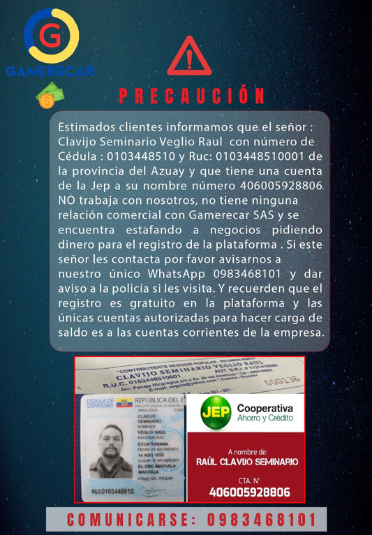 Precaución registro gratuito en plataforma Gamerecar